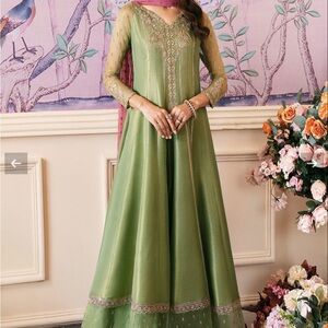 Chic Green Long Sleeve Lehenga with Embroidery